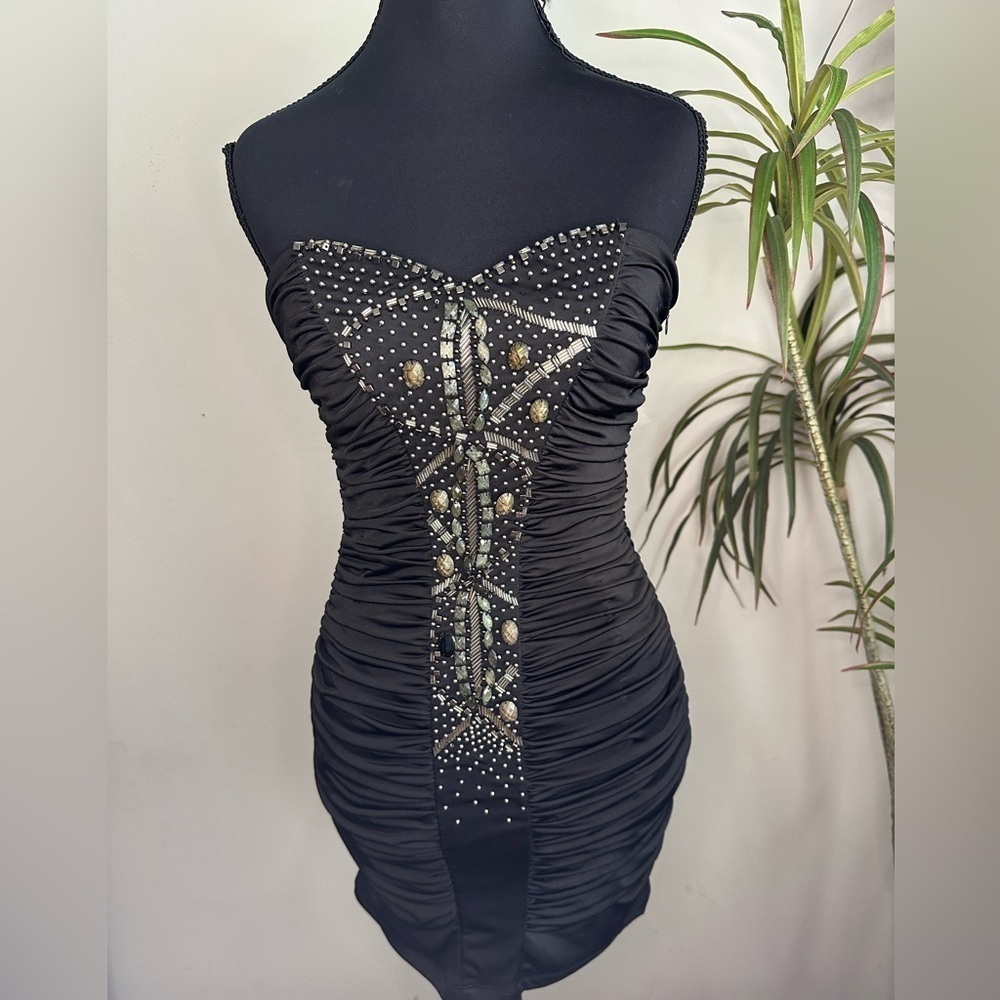Y2K beaded strapless ruched mini party dress rhinestone pleated bodycon dress s